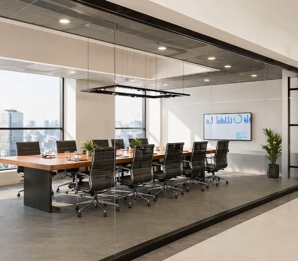 Office conference room with clear glass walls — full view in